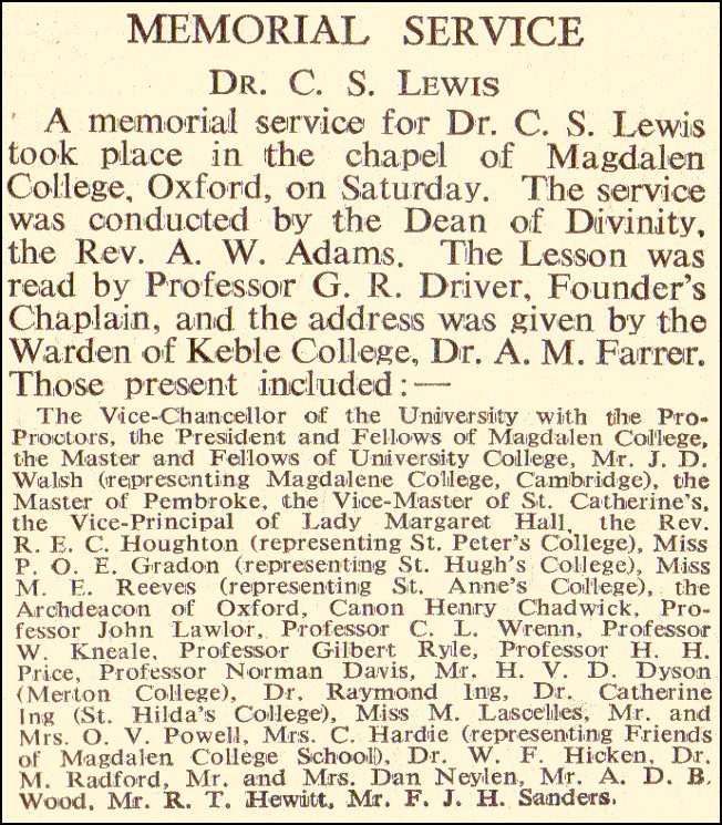C S Lewis Memorial Service
