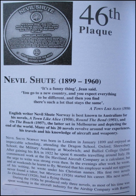 Nevil Shute Norway Plaque Sydney