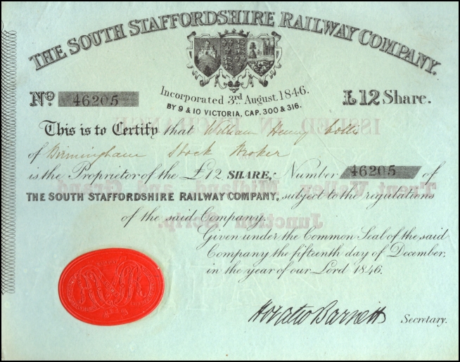 South Staffordshire Railway Certificate